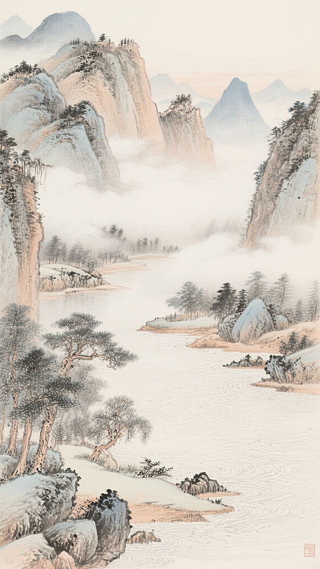 中国传统山水画，淡雅水墨风格，以浅赭石、淡墨、花青等柔和色调描绘，远山近水层次分明，云雾缭绕于山峦间，水面波光粼粼，岸边点缀苍松翠柏与低矮灌木，岩石以披麻皴技法勾勒，笔触细腻温润，构图采用高远与平远结合，营造出宁静悠远、空灵淡泊的意境，整体画面清雅脱俗，尽显古典文人画的韵味。