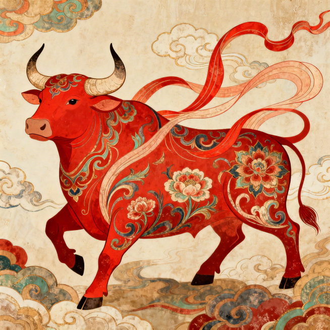 丑牛主题插画，融合中国传统风格与敦煌壁画艺术特色，红色主色调，牛的形象融入敦煌飞天元素、祥云纹样、传统花卉图案，线条细腻流畅，色彩饱满浓郁，具有敦煌壁画特有的厚重质感和华丽装饰性预览效果