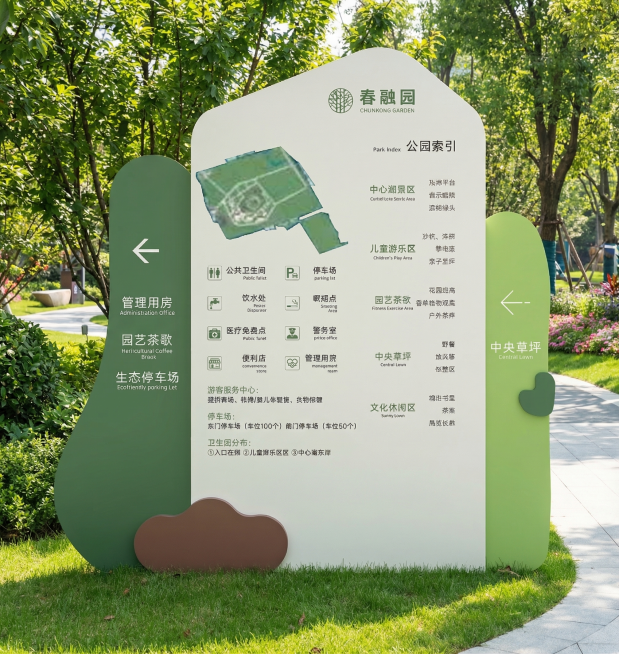 将这个春融园公园导视立牌放置在春光明媚的公园入口草坪边，周围有绿树和整洁的步道，保持立牌本身的文字、图案和结构完全不变，画面真实自然，符合公园日常的氛围预览效果