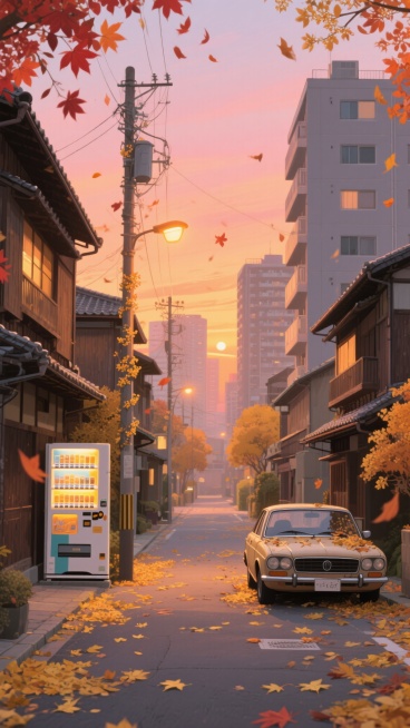 秋日傍晚的日本传统街道，两侧是古朴的木质建筑与现代公寓楼交织，路面铺满金黄落叶，路灯散发温暖橘光，天空呈现渐变的橙粉暮色，电线杆上缠绕着飘落的红叶，远处的高层建筑轮廓在夕阳下柔和，街角的自动贩卖机亮着预览效果
