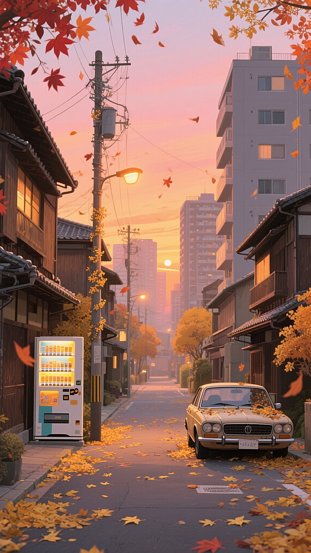 秋日黄昏的京都小巷，动漫风与轻拟物结合，光影温柔洒落，落叶纷飞，复古汽车静停，水彩质感渲染出温馨静谧的文艺氛围。