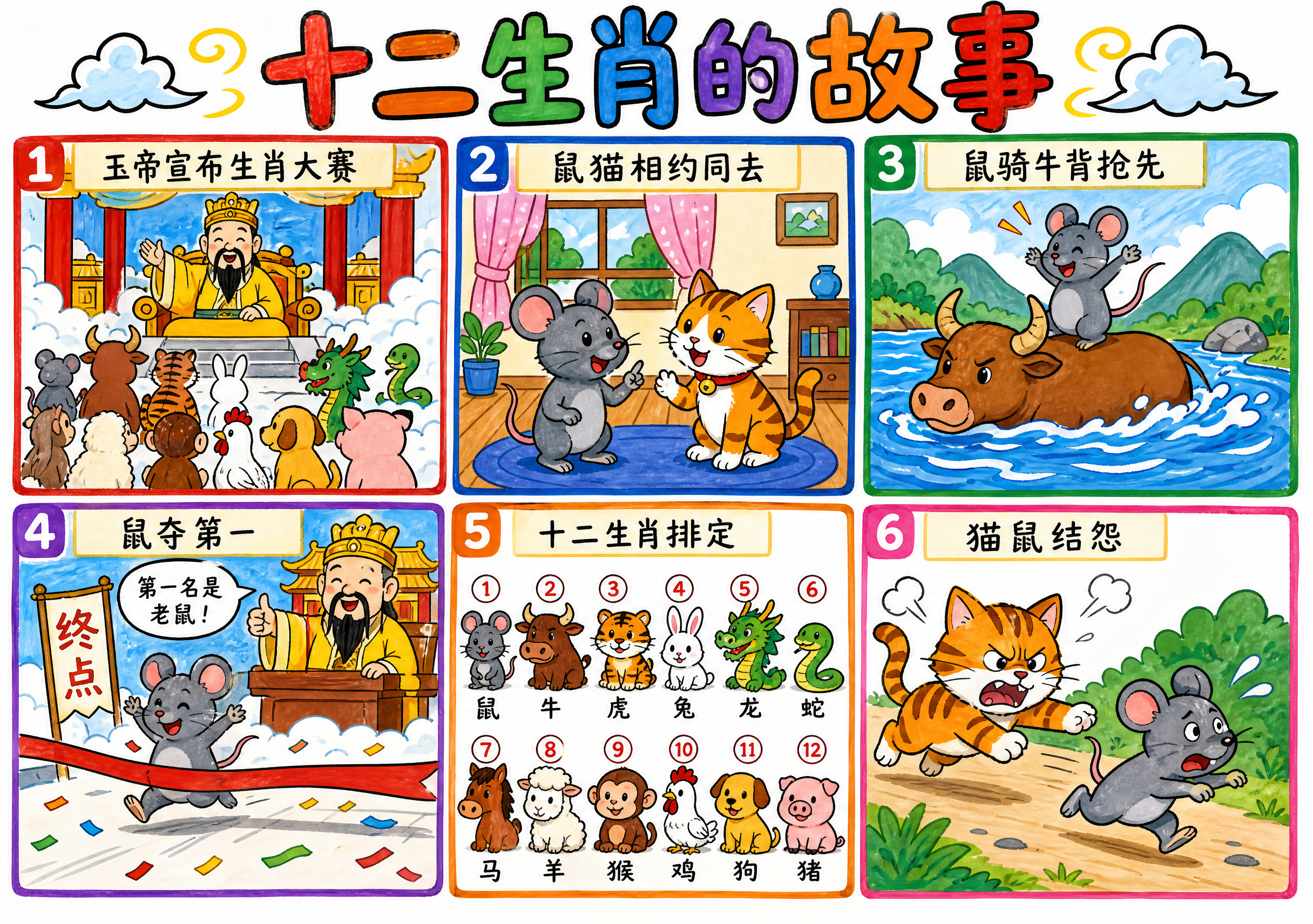 一张十二生肖故事连环画手抄报，马克笔手绘风格，白色底纸，横版A… - 图片创意预览
