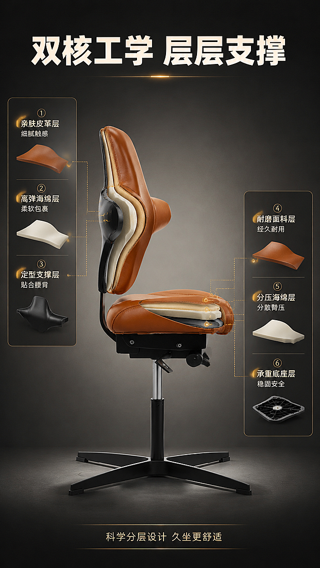 [商品] 使用【图6】复古棕牛皮款十字靠背工学骑马椅（侧面角度）；保留十字形靠背侧面轮廓、马鞍形双瓣坐垫侧面厚度、调节拨杆、四星固定脚架的完整结构；保留复古棕牛皮材质的颜色、光泽和缝线细节；增强皮革质感与立体缝线，不改变产品结构和比例。
[画面] 目标：核心结构深度解析页，3D分层展示靠背与坐垫的内部支撑结构。构图：中心产品侧视大图，左右两侧分布分层结构示意卡片。主体：椅子侧面置于画面中央，占画面约55%；靠背和坐垫处有半透明分层线示意支撑层。场景：深灰渐变背景，产品下方有柔和投影，科技感与高级感兼具。前中后景：前景分层标注，中景产品主体，后景深色渐变背景，3层信息层级。阅读动线：顶部标题→中央产品→左右分层卡片环绕阅读。
[视觉] 套系策略：风格=现代轻奢高级家居商业摄影；标题字=现代无衬线粗黑体；正文字=简洁无衬线体；主色=复古棕+深灰+暖金；背景延展=基于深炭灰做径向渐变、中心亮四周暗；强调色=暖金色，仅用于分层线、图标和标签；标题色=奶白色；正文色=浅暖灰；组件=深色半透明信息卡、金色虚线分层线、数字序号标；光影=左前45°暖光，立体感强，边缘有轮廓光。
[文字] 顶部主标题"双核工学 层层支撑"（8字）；靠背3层标注："① 亲肤皮革层 细腻触感"、"② 高弹海绵层 柔软包裹"、"③ 定型支撑层 贴合腰背"；坐垫3层标注："④ 耐磨面料层 经久耐用"、"⑤ 分压海绵层 分散臀压"、"⑥ 承重底座层 稳固安全"；底部小字"科学分层设计 久坐更舒适"。所有文字横排，标注引线从产品各部位引出，不遮挡主体关键结构。
[规格] 图片比例9:16竖版，4K，quality=medium；避免变形、错字、文字过小、冷蓝背景、产品颜色改变、结构失真。