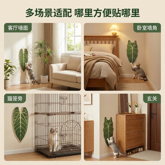 [主图 4] 
[主图主题] 多场景适配展示
[氛围/风格] 生活化场景，温馨自然，多宫格清晰展示
[画面元素] 四宫格构图，分别展示猫抓板贴在客厅墙面、卧室墙角、猫笼旁、玄关墙面四种不同场景的安装效预览效果