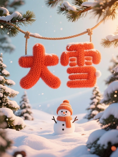 画面中央是橙红色针织质感的“大雪”立体字，通过麻绳悬挂在松枝之间，字体具有强烈的毛绒感和针织纹理，下方是覆盖着厚厚积雪的雪地场景，雪地上有一个戴着针织帽的雪人，周围点缀着积雪的松树，整体营造出温馨浓厚预览效果