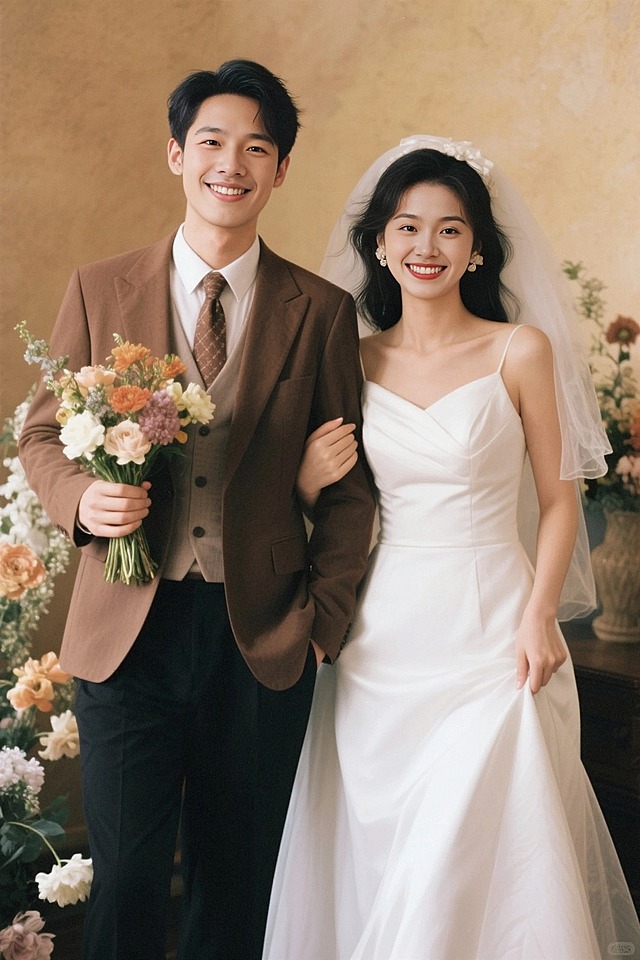 婚纱照拍摄，80年代复古妆容，一对年轻的新娘新郎牵手对着镜头微笑，男生左边，女生右边，照片呈暖色调，人物周围光线柔和，全身拍摄，背景有花束装饰，超写实，高清拍摄