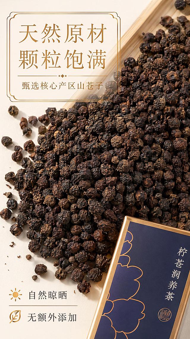 [第2屏] 成分产地展示-山苍子茶天然原材介绍。本屏使用【图1】产品作为辅助展示，主体为山苍子原材。
[氛围/风格] 自然原生态，真实食材摄影质感，干净通透
[元素布局] 画面主体为大比例特写铺满的山苍子干果颗粒，颗粒纹理清晰饱满，占屏超过60%；右下角露出产品包装盒一角作为品牌关联；左上角为标题区域，底部标注原料信息；整体元素层次分明，核心原料视觉突出
[光影质感] 顶部柔光均匀打光，果实颗粒明暗清晰，凸显自然纹理
[配色色系] 全局底色 #FAF7F2；主色：深褐色果实纹理；辅助色：金色标题框、浅木色背景
[视角构图] 俯视平铺视角，果实整体为视觉中心，阅读动线从上到下
[文字版式] 主标题「天然原材 颗粒饱满」，副标题「甄选核心产区山苍子」，使用与首屏一致的温润宋体，金色字；底部标注「自然晾晒 无额外添加」，字体大小适中清晰可读，不遮挡原料主体
[比例分辨率] 9:16竖版比例，2K分辨率，文字清晰可辨，高清画质
[负向提示词] 果实发霉腐烂，颗粒畸形，文字错乱，水印，背景杂乱，虚假宣传，过度美化