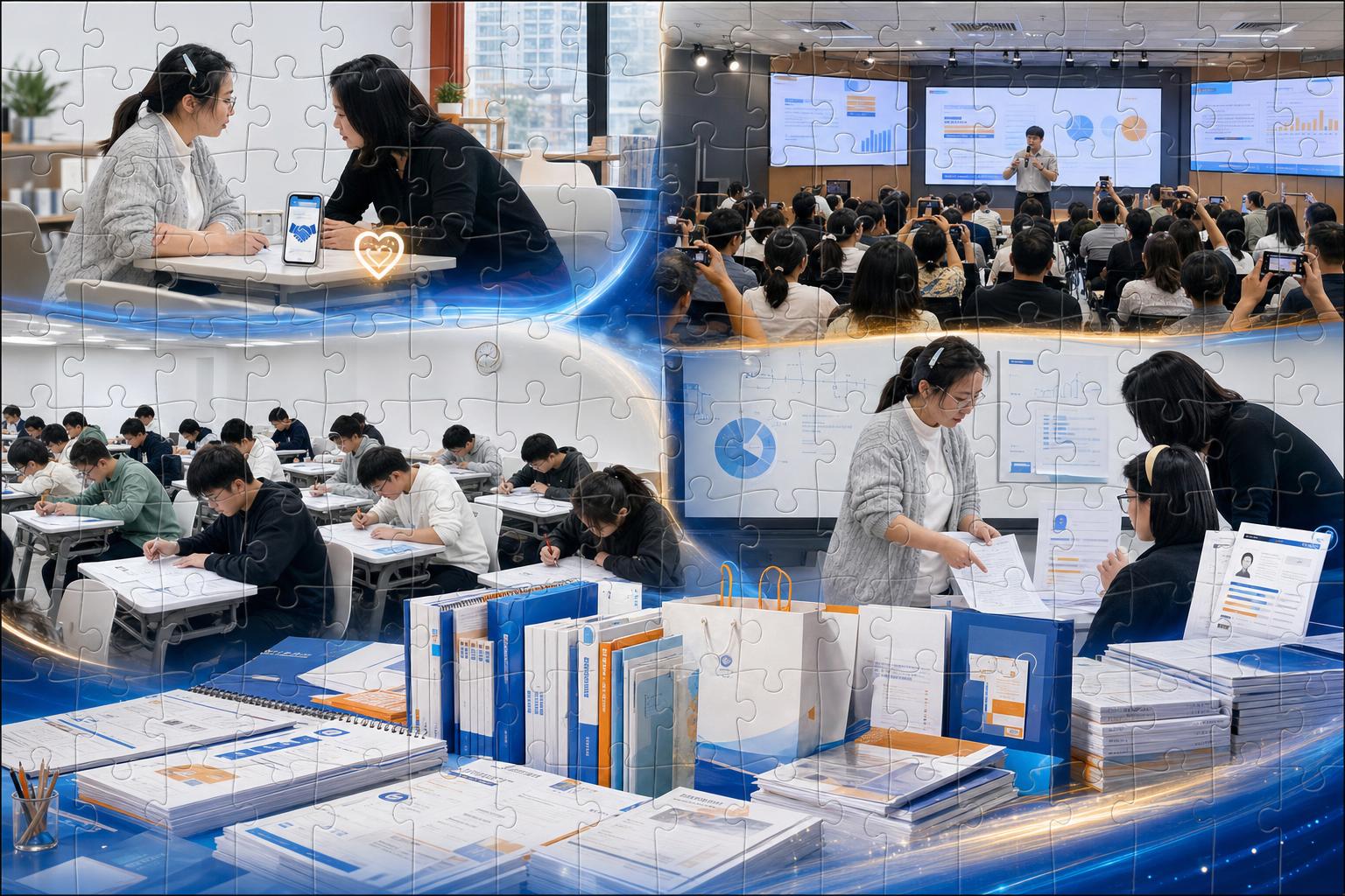 基于参考照片中的真实教育场景，创作一幅横版宽幅的团队共创拼图完… - 图片创意预览