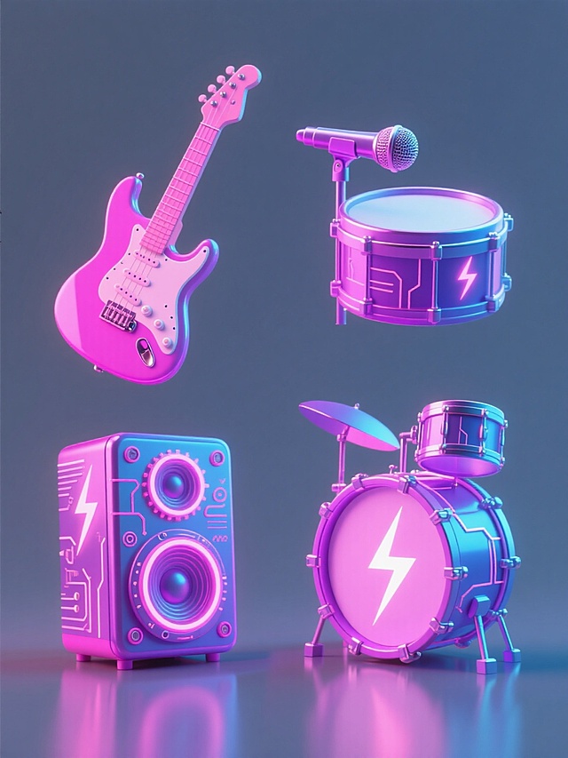 一套4个规整排布的3D风格音乐节元素素材，每个元素造型样式各异，包含电吉他、音响、麦克风、鼓等音乐节相关物体，整体采用亮粉色、紫色、蓝色为主色调的霓虹渐变色彩，具有光滑的塑料质感和金属光泽，物体表面有电路板纹理、闪电图案、齿轮等装饰细节，光影效果为侧上方光源形成明显阴影和高光，背景为纯色无任何文字、logo和水印。