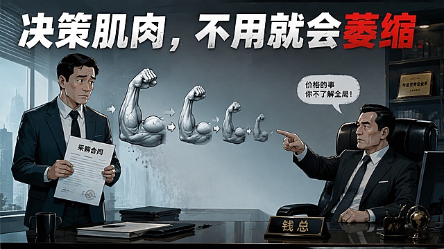 微信公众号文章插图，主题为「决策肌肉，不用就会萎缩」。画面左侧是一位穿着西装的中年男性采购经理，站在办公桌前，手里拿着一份采购合同，表情犹豫、不敢自己做决定，眼神望向画面右侧。画面右侧是一位威严的老板（钱总）坐在大班椅上，手指着对方，表情严肃，仿佛在说「价格的事你不了解全局」。画面中央有一个逐渐萎缩变小的肌肉手臂图标，象征决策能力在退化。整体是现代职场办公室场景，商务插画风格，色调偏冷，带有隐喻和警示感。画面顶部有醒目标题文字：「决策肌肉，不用就会萎缩」。