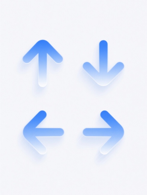 白色背景上，四个规整排布的现代简约风格图标组成的系列素材集合，每个图标均采用相同的蓝白渐变色彩、平滑圆润的线条处理和半透明光感效果，保持统一的视觉风格和元素类目，分别为向上箭头、向下箭头、向左箭头、向右箭头，整体呈现出简洁、清晰、专业的设计感，适合作为UI界面或信息图表中的方向指示符号使用。预览效果