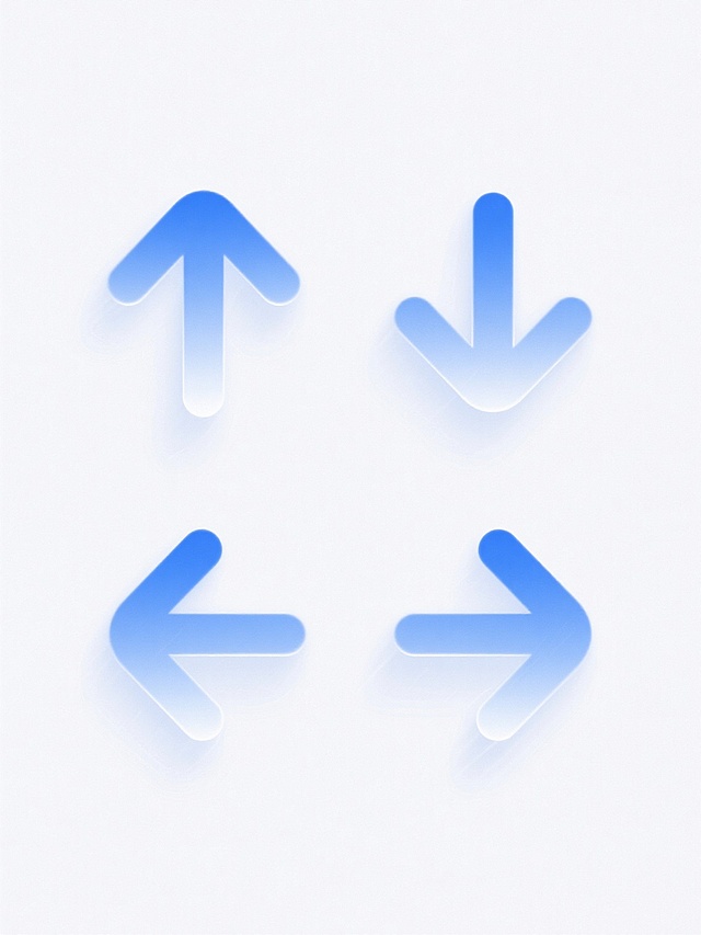 白色背景上，四个规整排布的现代简约风格图标组成的系列素材集合，每个图标均采用相同的蓝白渐变色彩、平滑圆润的线条处理和半透明光感效果，保持统一的视觉风格和元素类目，分别为向上箭头、向下箭头、向左箭头、向右箭头，整体呈现出简洁、清晰、专业的设计感，适合作为UI界面或信息图表中的方向指示符号使用。