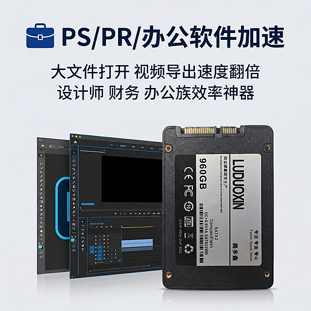 [主图 7] 路多鑫960GB固态硬盘办公生产力卖点展示。氛围风格：现代商务科技风，专业高效。画质：商业摄影质感，产品清晰真实，画面干净高级。保持固态硬盘外观（物理结构、材质质感、颜色）与输入产品图绝对一致，杜绝任何变形和色差，精细化处理。固态硬盘放置在右侧，左侧搭配PS/PR办公软件界面剪影简约展示，浅灰商务科技背景。商品主体占比约60%，画面满屏无边框。光影：柔和商务光，整体明亮通透，层次感清晰。配色：浅灰主色调，蓝色专业点缀。视角构图：左文右图版式，平视构图。文字版式：顶部公文包图标主标题 "💼 PS/PR/办公软件加速" 深蓝色加粗大号字体；下方两行卖点：「大文件打开 视频导出速度翻倍」「设计师 财务 办公族效率神器」，深蓝色文字居中对齐，不遮挡产品主体，清晰专业。比例分辨率：1:1 比例，2k 分辨率；文字清晰可辨，超高清。负向提示词：变形，水印，文字错乱，产品图模糊，背景杂乱