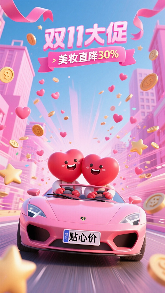 2个开心的表情的拟人红色爱心头靠在一起，坐在一辆车牌写着“贴心价”的跑车冲刺。无数星星、爱心和钱币等元素呈放射性从远处向屏幕前喷涌而来。荧光粉色城市背景，极端的仰视角度，大透视，上方有丝带掉落，丝带上有字“双11大促”，另一条上写“美妆直降30%”