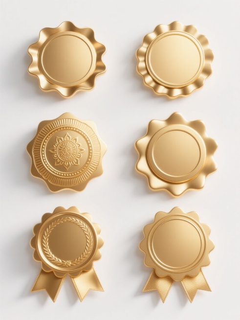 六个不同样式、不同材质的勋章，白色背景，排列整齐，勋章采用金色金属材质，带有圆形徽章主体和波浪形边缘，下方有对称的丝带装饰，整体呈现出3D立体效果，表面有光滑的金属质感和细腻的光影过渡，高光部分明亮耀眼，阴影部分自然柔和，勋章的大小和形状略有差异，有的带有花纹装饰，有的则是简约的纯色设计，整体构图均衡，视觉层次分明，具有强烈的视觉冲击力和高级感。预览效果