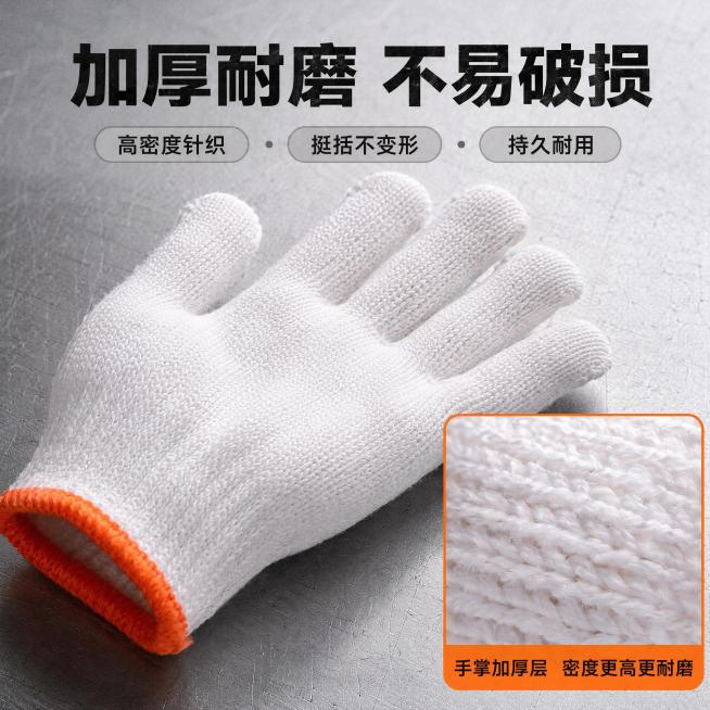 [主图-3] 劳保手套加厚耐磨卖点细节主图。
[氛围风格] 硬核工业风，突出耐磨耐用特质
[画质] 商业摄影质感、光线明快清晰、产品细节真实锐利、画面干净专业
[元素] 保持劳保手套外观（白色棉丝混纺预览效果