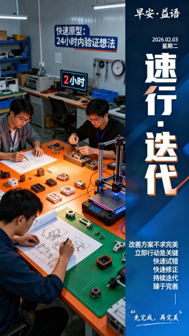 请生成一张竖版工业主题海报，比例9:16，风格为写实摄影与信息可视化结合，氛围积极、动态、果断。

【背景图场景描述】
“工厂快速原型区，三名员工分别进行：绘制草图、操作3D打印机、组装测试新零件。桌预览效果