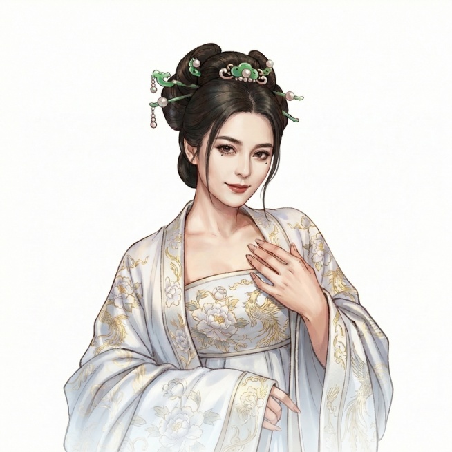 人物的五官和表情贴近女明星俞飞鸿，眼角增加泪痣，衣服变成渐变白色，头发增加一绺龙须预览效果