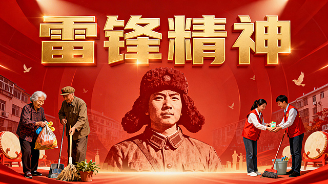 雷锋精神主题横屏视频封面，红色为主色调，融入雷锋肖像、志愿服务、奉献互助等元素，风格庄重大气，适合作为视频主页封面，视觉醒目有感染力