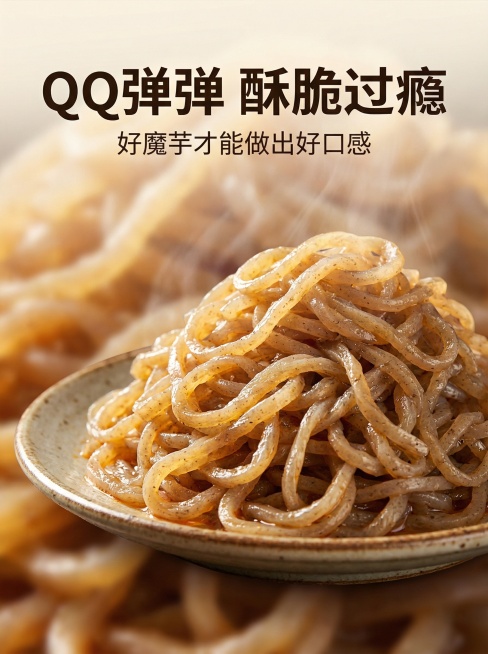 滇芋魔芋爽电商详情图口感特写，微距特写盘子里堆起的魔芋爽，表面油亮，根根分明，自然暖逆光凸显弹嫩纹理质感，上方大标题 "QQ弹弹 酥脆过瘾"，副标题 "好魔芋才能做出好口感"，整体突出食欲感，风格和前预览效果