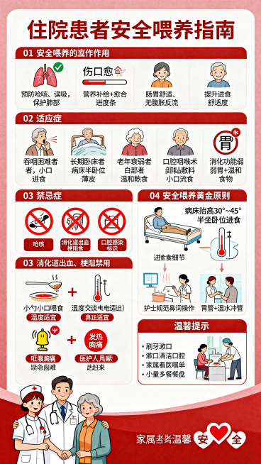 设计一张"住院患者安全喂养指南"科普海报，整体风格为简洁医疗卡通风，红白色系，线条柔和，无恐怖夸张画面，参考上传图片的版式排版结构。

海报内容结构：
顶部大标题："住院患者安全喂养指南"

第一部分预览效果