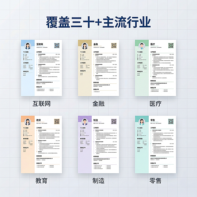 [主图主题] 多行业简历模板分类展示；[氛围/风格] 简约清新科技商务风；[画面元素] 六份不同行业的简历模板缩略图整齐排列在网格中，从互联网到金融、医疗、教育、制造、零售均匀分布，每张缩略图下方标注行业名称，背景浅灰渐变带网格，整体整齐干净；[配色色系] 主色调：浅灰、白色；每个行业名称标注使用不同浅亮色区分；[视角构图] 网格平铺平视构图，整体舒展；[文字版式] 顶部主标题“覆盖三十+主流行业”，深蓝色无衬线粗体；每张简历缩略图下方对应标注行业名称，字号小，字色深灰，简洁清晰；背景铺满全屏，整体布局规整透气；[比例分辨率] 2k分辨率