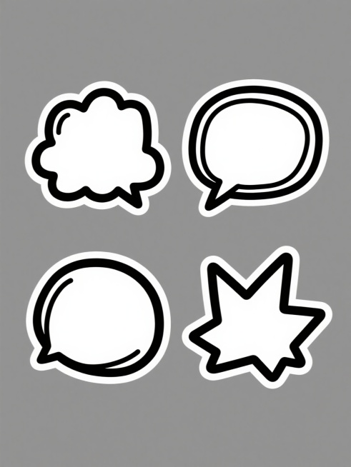 四个完全不同造型的对话气泡元素集合，保持手绘卡通风格，黑色轮廓线条，内部纯白色填充，无任何文字内容，规整排布在纯色背景上，每个气泡具有独特的形状设计，包括云朵形、方形带尖角、圆形带小尾巴以及不规则爆炸形，整体视觉统一且元素多样，适合作为设计素材使用。预览效果