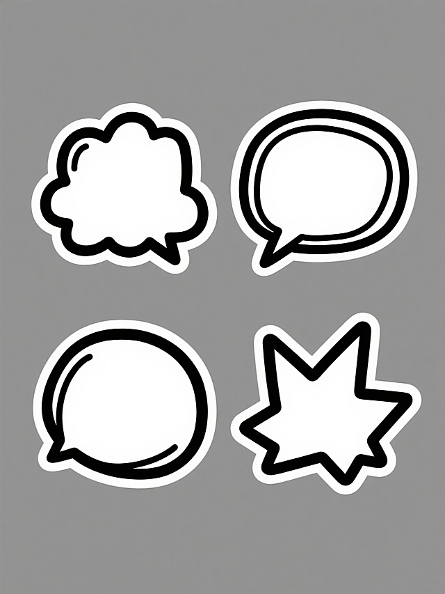 四个完全不同造型的对话气泡元素集合，保持手绘卡通风格，黑色轮廓线条，内部纯白色填充，无任何文字内容，规整排布在纯色背景上，每个气泡具有独特的形状设计，包括云朵形、方形带尖角、圆形带小尾巴以及不规则爆炸形，整体视觉统一且元素多样，适合作为设计素材使用。