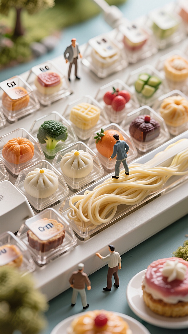 透明机械键盘键帽内嵌微缩食物模型，包子/水果/蔬菜/甜点分层排列，玻璃质感键帽外壳展示食物细节，面条造型空格键弯曲弹起，3D写实渲染，顶视角俯拍，暖色调美食摄影，景深控制，微距镜头，电商主图设计