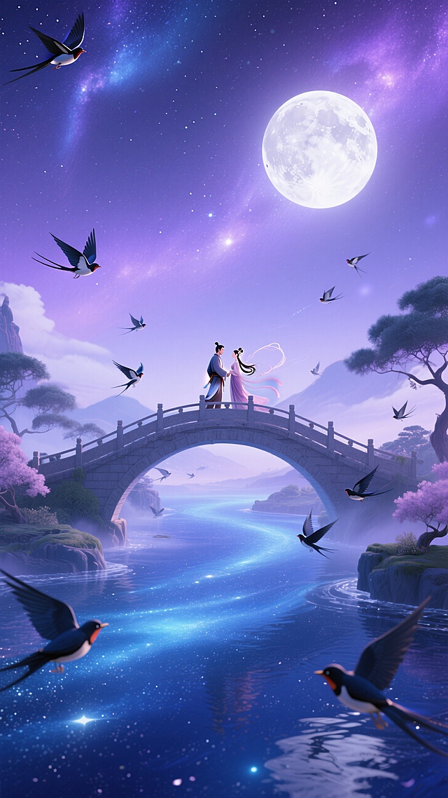 星空紫渐变银河蓝。乳白月轮，远处有鹊桥，桥上站着牛郎织女。喜鹊飞舞，桥底流动深蓝星河