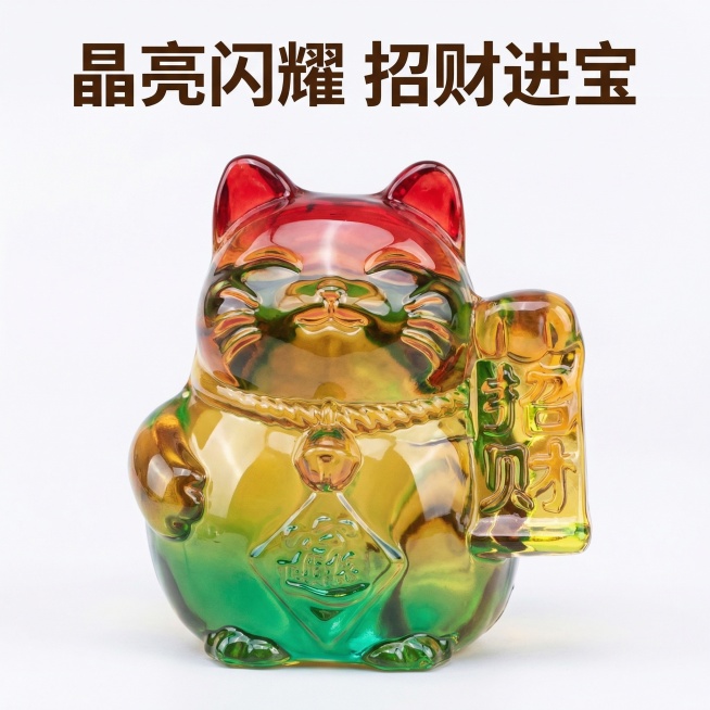 彩色招财猫水晶摆件主图，彩色招财猫水晶摆件置于画面中央，占比超60%，背景为纯净白色，柔和光线凸显摆件的渐变色彩与通透水晶质感。画面顶部悬浮文字“晶亮闪耀 招财进宝”，字体为粗体无衬线深棕色，文字悬浮预览效果