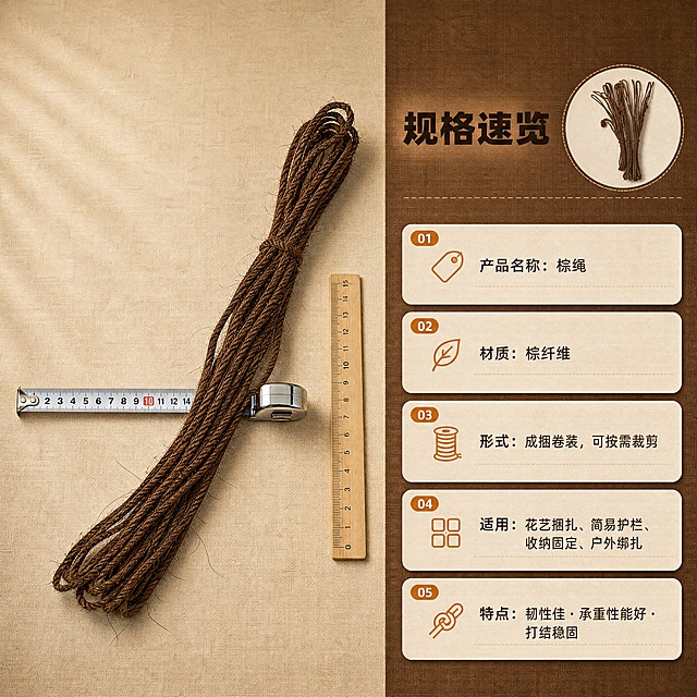 [商品] 以【图5】平铺延展的棕绳为标准形态主体，【图1】整捆外观作为右上角小尺寸对照；保留深棕色号、绞合纹理、绳粗与盘绕形态，不得改变结构。
[画面] 页面目标：产品信息·规格与参数，参数信息卡型。画面左侧约55%为浅米棕影棚底上的棕绳平铺延展曲线，绳体自然弯曲呈现全貌；桌面上一把金属卷尺横向放置作为尺寸参照，旁边一段竖放木尺；右侧约40%为深棕渐变信息面板，面板自上而下横向平铺若干圆角燕麦底信息卡，卡内为横向文字；右上角小尺寸嵌入整捆棕绳圆形小图作对照。俯拍中景，产品与信息卡形成左右分栏的两层结构。
[视觉] 套系策略：风格=国内电商功能实用商业摄影，质朴麻布质感排版；标题字=阿里巴巴普惠体粗体；正文字=阿里巴巴普惠体常规体；主色=深棕（#6B4A2B）；背景延展=基于深棕做浅米棕与燕麦色深浅层级、同色渐变与麻布纹理；强调色=暖橙棕（#C07A33），仅小面积用于图标、引线、编号标签；标题色=深棕近黑（#3A2A1C）；正文色=中暖棕灰（#7A6552）；组件=圆角燕麦底信息卡、细线引线、胶囊编号标签、麻布质感分隔条；光影=左上方柔和暖光，接触阴影自然。
[文字] 右侧面板顶部横向主标题“规格速览”，其下信息卡内横向排列“产品名称：棕绳”“材质：棕纤维”“形式：成捆卷装，可按需裁剪”“适用：花艺捆扎、简易护栏、收纳固定、户外绑扎”“特点：韧性佳·承重性能好·打结稳固”。所有文字横向排版，禁止竖排、旋转与倾斜；尺寸未确认处用“约”“可按需裁剪”等保守表达，不写具体虚假数值。
[规格] 图片比例1:1正方形，分辨率4K。负向提示：避免变形、错字、多字漏字、竖排文字、倾斜文字、蚂蚁字、乱码、冷蓝或蓝灰背景主色、品牌Logo、水印、角标、平台标识图案、改变绳体颜色与结构。