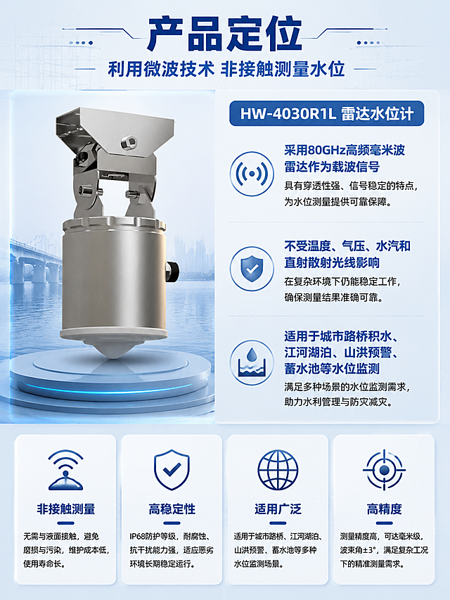 [第2张] 产品定位与核心价值页——HW-4030R1L雷达水位计产品介绍。本张使用【图2】中的雷达水位计产品图作为商品主体。
[氛围/风格] 工业科技风，蓝色调，专业严谨，信息清晰，模块化卡片版式。
[元素布局] 画面上方为产品定位标题区；中部左侧为产品图（雷达水位计银色金属外观，万向支架、雷达探头清晰），占比约40%；右侧为产品定位文字说明区；下方为4个核心价值图标卡片横向排列。背景为浅蓝灰色渐变，有细微科技网格纹理。
[光影质感] 均匀柔光，产品金属质感清晰，阴影柔和，整体明亮专业。
[配色色系] 全局底色 #F0F5FA 浅蓝灰；主色 #1E5FA8 深蓝；辅助色 #3E92CC 中蓝、白色卡片；文字色 #1A1A1A 深灰正文、#0A2463 深蓝标题。
[视角构图] 正面平视，左右分栏布局，阅读动线顶部标题 → 左产品右文字 → 底部图标卡片。
[文字版式] 顶部主标题「产品定位」，粗体深蓝大字；副标题「利用微波技术 非接触测量水位」；右侧正文分三段：「采用80GHz高频毫米波雷达作为载波信号」「不受温度、气压、水汽和直射散射光线影响」「适用于城市路桥积水、江河湖泊、山洪预警、蓄水池等水位监测」；底部4个图标卡片：「非接触测量」「高稳定性」「适用广泛」「高精度」，每卡配简约线图标+文字说明。
[比例分辨率] 3:4 竖版比例，宽度1080，高度1440，4K分辨率，文字清晰可辨。
[负向提示词] 产品变形，缺件错件，水印，文字错乱，文字过小，背景杂乱。