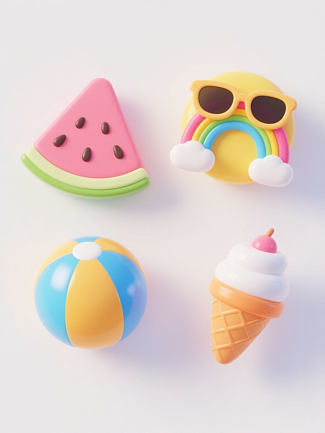 一组4个3D风格夏日主题图标，采用圆润卡通造型，明亮清新的色彩搭配（粉、黄、蓝、橙为主色调），表面光滑有轻微渐变和高光，简洁可爱的线条，每个图标独立呈现，包括西瓜片、太阳镜、彩虹冰淇淋、沙滩球，背景为纯白色，整体风格统一、活泼童趣。