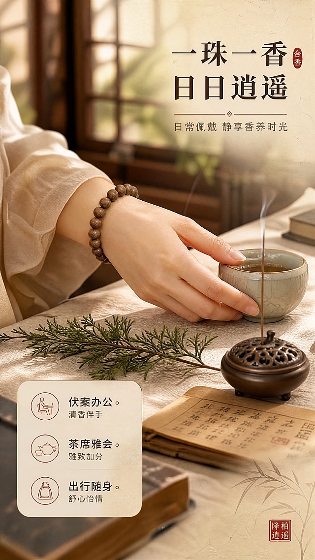 [商品] 使用【图1】降柏逍遥香珠手串；保留圆珠形状、棕褐色合香珠材质、珠串结构与哑光温润质感；增强珠面细腻纹理，不改变颜色和形态。
[画面] 页面目标：场景种草，展现手串融入日常雅致生活。构图：左上方手串佩戴在女性手腕上（仅露手腕与手部），手轻扶宋式瓷茶杯，右侧桌面铺米白麻布，摆放线香炉、柏叶、古籍书页；背景虚化中式书房窗景；主体占画面50%；阅读动线从右上到左下，右上标题区，左下卖点区。景别：中近景生活场景。
[视觉] 套系策略：风格=宋式国风禅意商业摄影；标题字=宋体衬线粗体（思源宋体）；正文字=简洁无衬线体（思源黑体）；主色=暖棕木色；背景延展=基于暖棕做深浅层级、米杏色宣纸质感底、同色系渐变；强调色=朱砂红，仅用于小面积印章、引线和标签；标题色=深棕褐；正文色=暖灰棕；组件=米白底圆角信息卡、细棕线引线、朱砂红印章点缀；光影=左前侧暖柔光，窗格投影氛围感。
[文字] 右上主标题：一珠一香 日日逍遥；副标题：日常佩戴 静享香养时光；左下3个短卖点：伏案办公·清香伴手、茶席雅会·雅致加分、出行随身·舒心怡情；文字不遮挡手腕和手串主体。所有文字横排。
[规格] 图片比例9:16竖版，4K分辨率，负向提示：避免变形、错字、文字过小、冷蓝背景、珠串颜色改变、现代感过强、医疗功效承诺、绝对化用语。