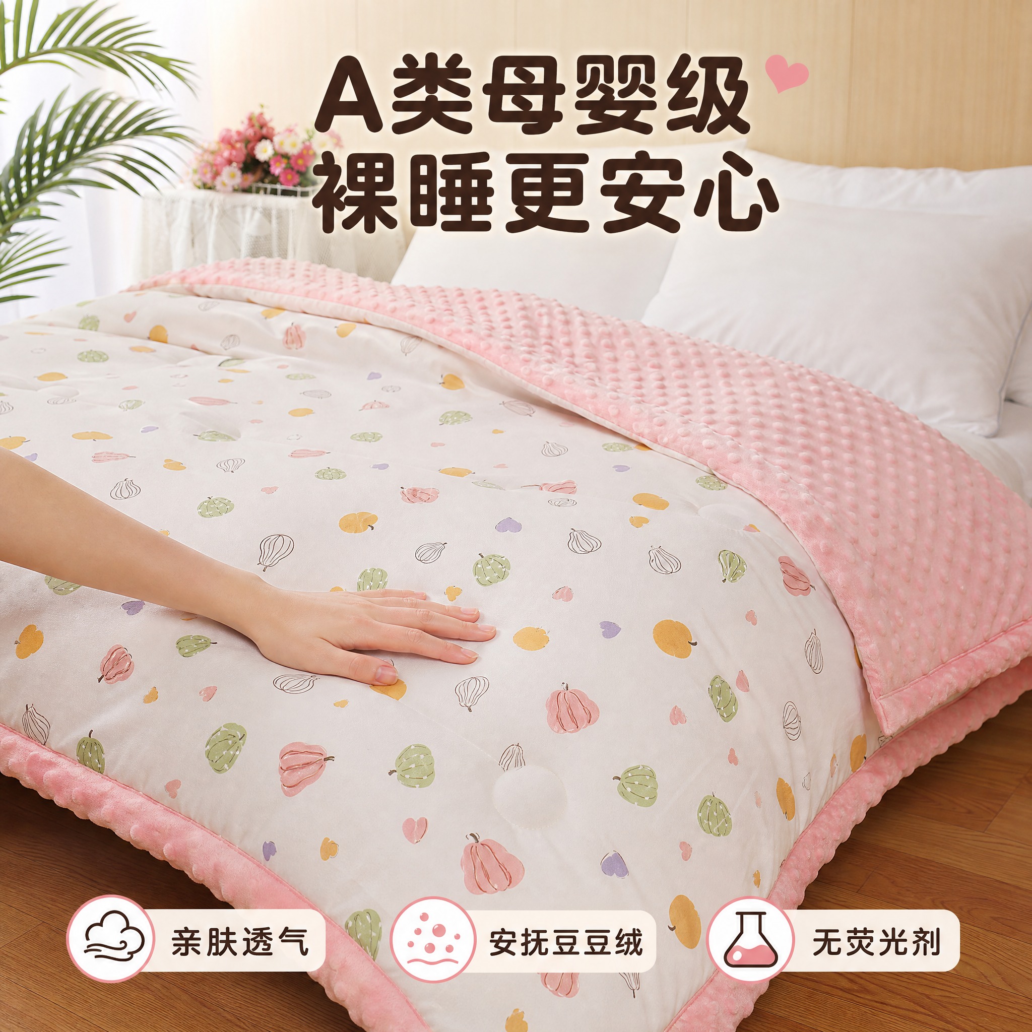 [主图-2] 粉色水果豆豆被 亲肤触感体验图 A类母婴级卖点… - 图片创意预览
