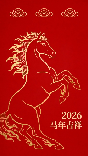 新中式轻奢风2026马年竖版海报，纯正中国红纯色背景，背景上方点缀三簇简约浅金色祥云纹样，主体是一匹呈奔腾姿态的骏马轮廓，采用鎏金火焰线条勾勒造型，鬃毛与四肢的线条如火焰般飘逸舒展，骏马整体为金色线稿预览效果