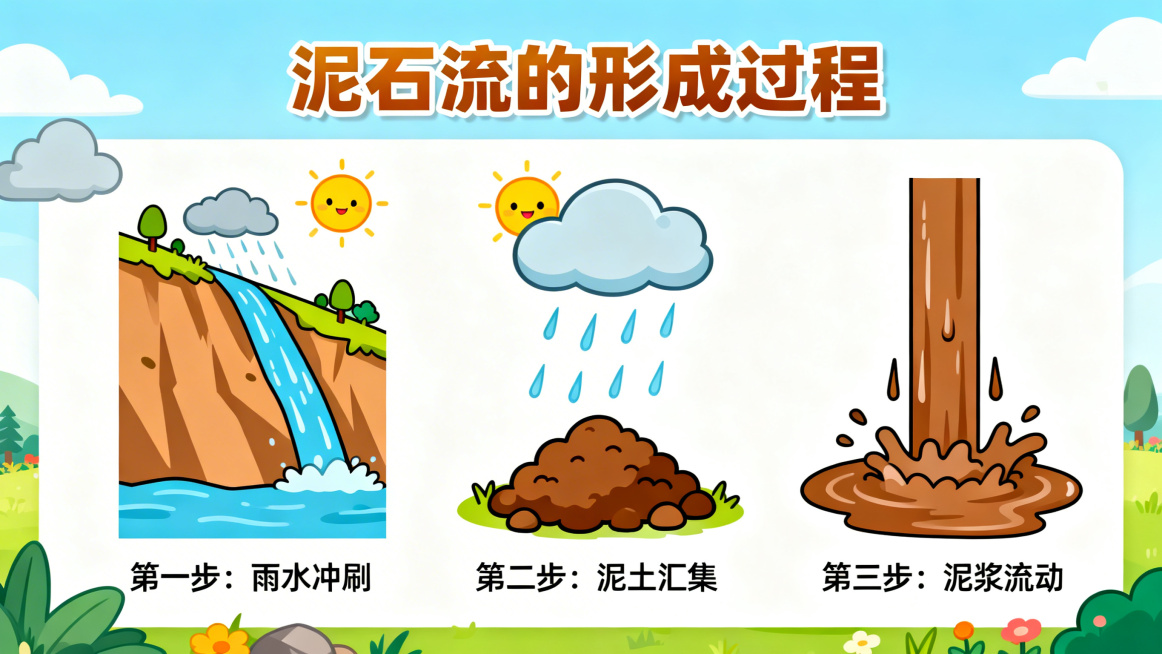 小学生地质灾害科普PPT页，卡通风格，展示泥石流形成过程：雨水冲刷、泥土汇集、泥浆流动的示意图预览效果