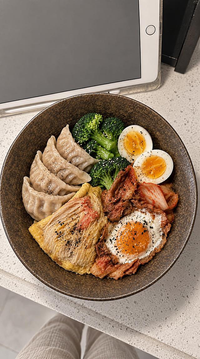 俯视视角，深棕色纹理大碗里装着蒸饺、西兰花、水煮蛋、泡菜、金针菇蛋卷和泡菜煎蛋的韩式拌饭组合。背景是浅灰色带细斑点台面，上方有一台ipad。画面下方能看到穿着浅米色裤子的腿。低饱和度ins风滤镜，柔和自然光，暖灰色调，美食摄影，真实质感