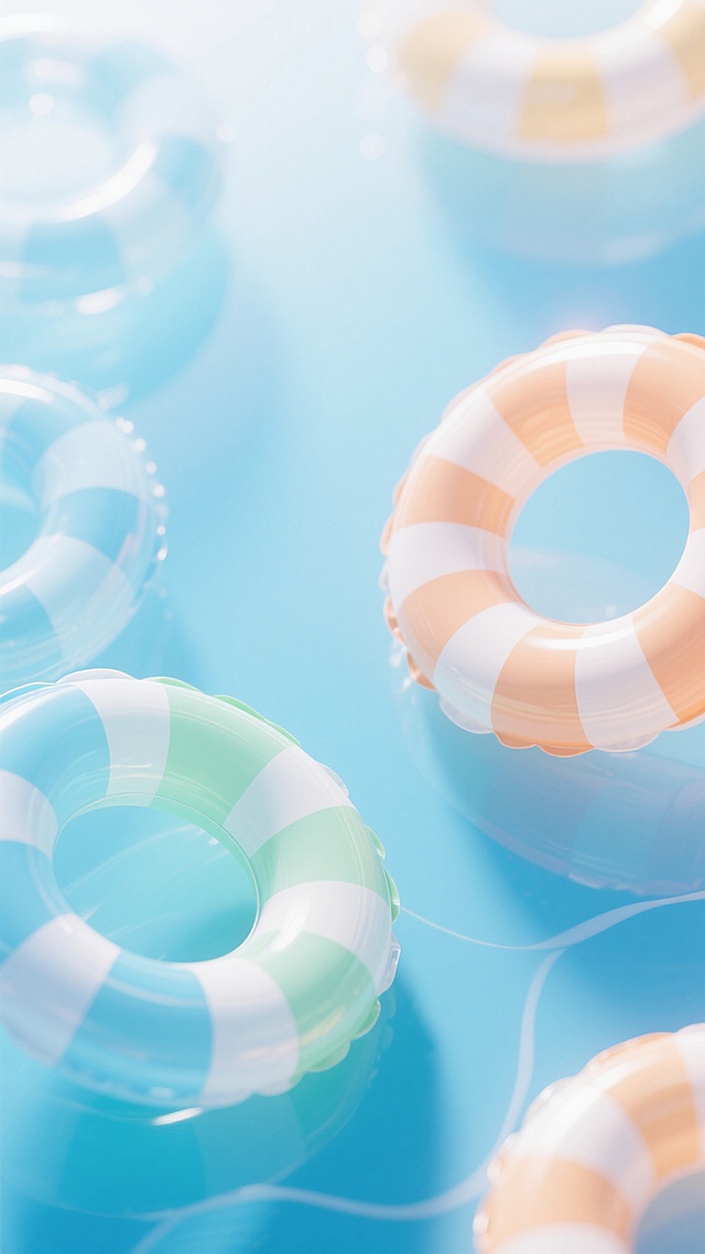夏天背景，大面积留白，柔和渐变的蓝白底色，带有轻微的光晕效果，画面中点缀着几个半透明的彩色游泳圈，游泳圈的颜色分别为淡蓝色、浅绿色和浅橙色，每个游泳圈上都有白色的条纹装饰，整体风格清新、简约，充满夏日的轻松氛围。