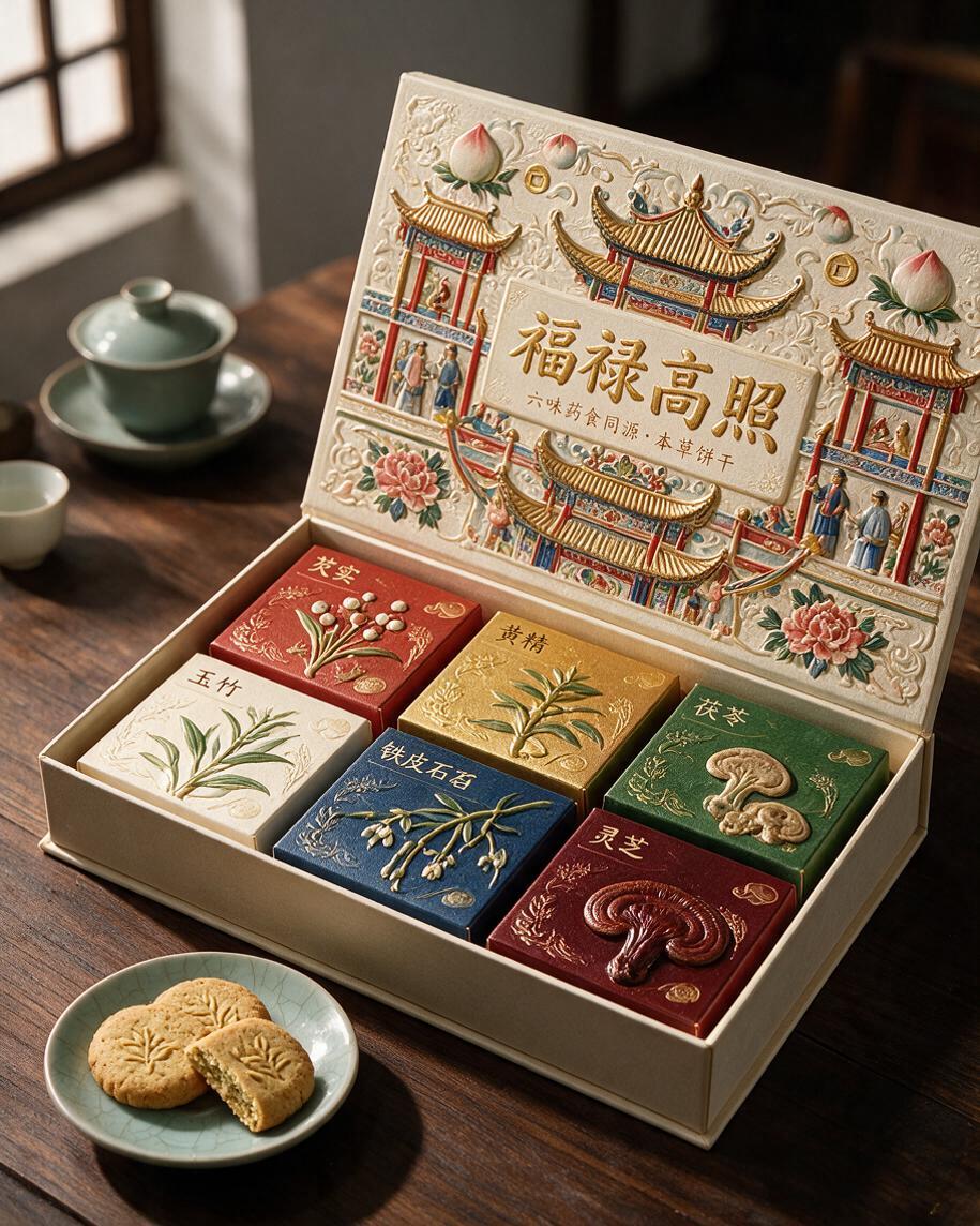 参考高照马非遗元素的色彩与造型，重新设计"福禄高照"六味药食同… - 图片创意预览