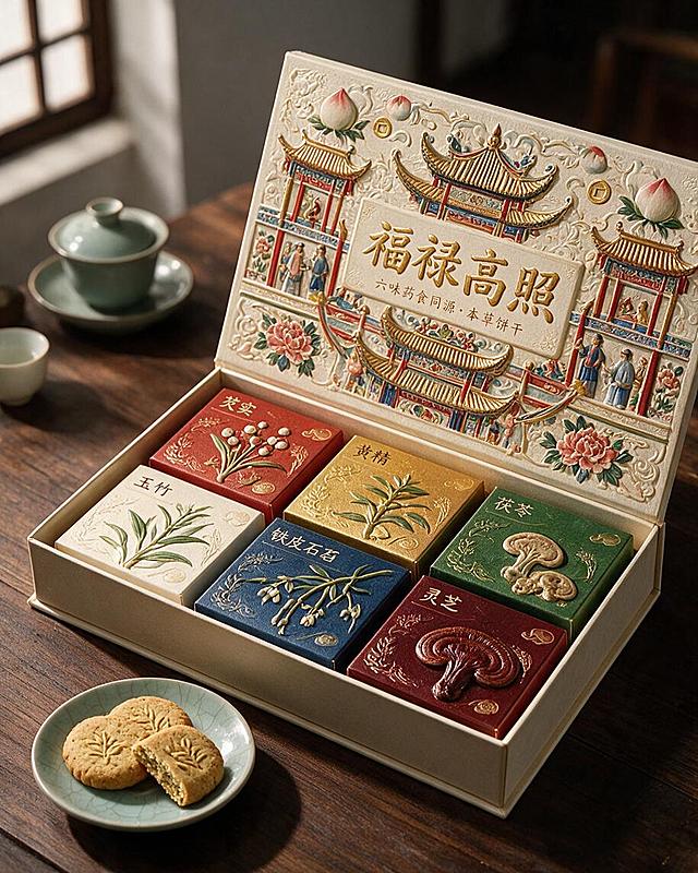参考高照马非遗元素的色彩与造型，重新设计"福禄高照"六味药食同源浮雕饼干礼盒。外包装盒必须有立体浮雕质感：盒面提取高照马的亭台楼阁层叠结构、飞檐翘角、剪纸花卉纹样、寿桃铜钱图案、人物故事场景等元素，以立体浮雕压纹工艺呈现，触感凹凸有致。色彩贴近高照马的传统配色：以朱红、鎏金、靛蓝、翠绿为主色调，搭配米白底色，浓郁的中国民间非遗艺术色彩。礼盒为翻盖式结构，打开后内部六格放置六味本草饼干小盒（芡实、玉竹、黄精、铁皮石斛、茯苓、灵芝），每格小盒9cm×9cm×4.5cm，以不同色彩与本草浮雕纹样区分。画面中同时展示饼干实物，饼干表面有本草植物浮雕压花。场景布置：木质桌面，暖光侧影，旁边摆放青瓷碟与饼干，45度俯视角度，产品摄影级质感，高端非遗文创礼盒调性，外包装浮雕效果清晰可见