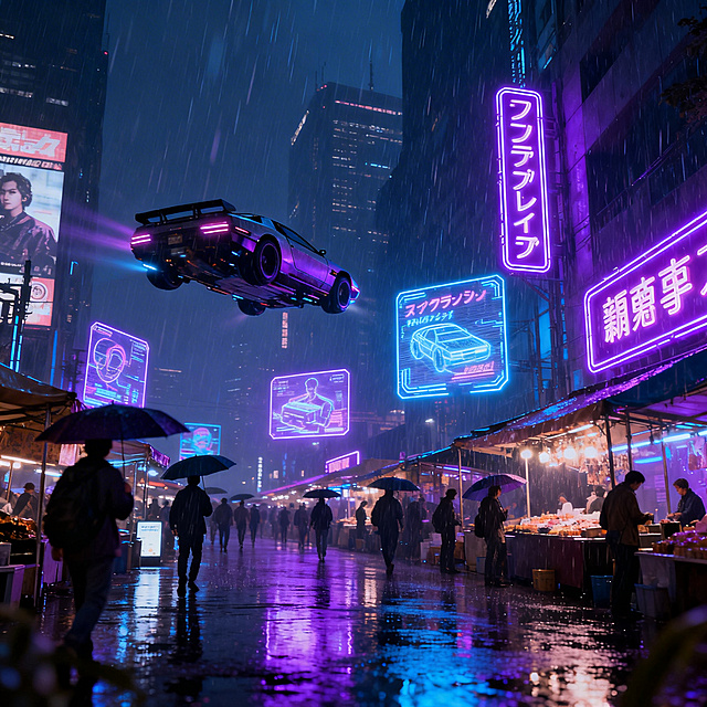 雨夜的未来赛博朋克城市，布满日文和中文霓虹灯牌，空中有飞行汽车，热闹的街头集市搭配全息广告，行人撑着雨伞，潮湿地面反射紫蓝色灯光，电影级构图，虚幻引擎5渲染