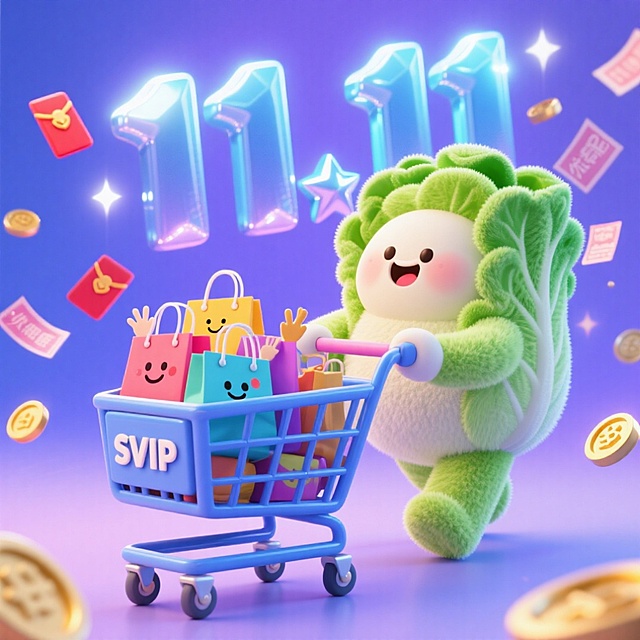 软3D风格拟人化白菜推购物车，梦幻霓虹背景，促销元素飞舞，可爱卡通感十足，充满节日狂欢氛围。