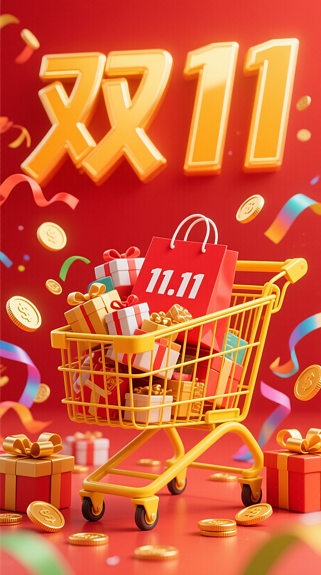 以鲜艳橙黄色为主色调，上方是巨大且的 “双11”亮金色字体，中间是一辆黄色的购物车，车内装满了带有 “11.11” 字样的红色购物袋、包装精美的礼盒等商品，购物车周围还散落着金色的硬币、蝴蝶结装饰的礼盒，以及彩色的飘带，红色背景。