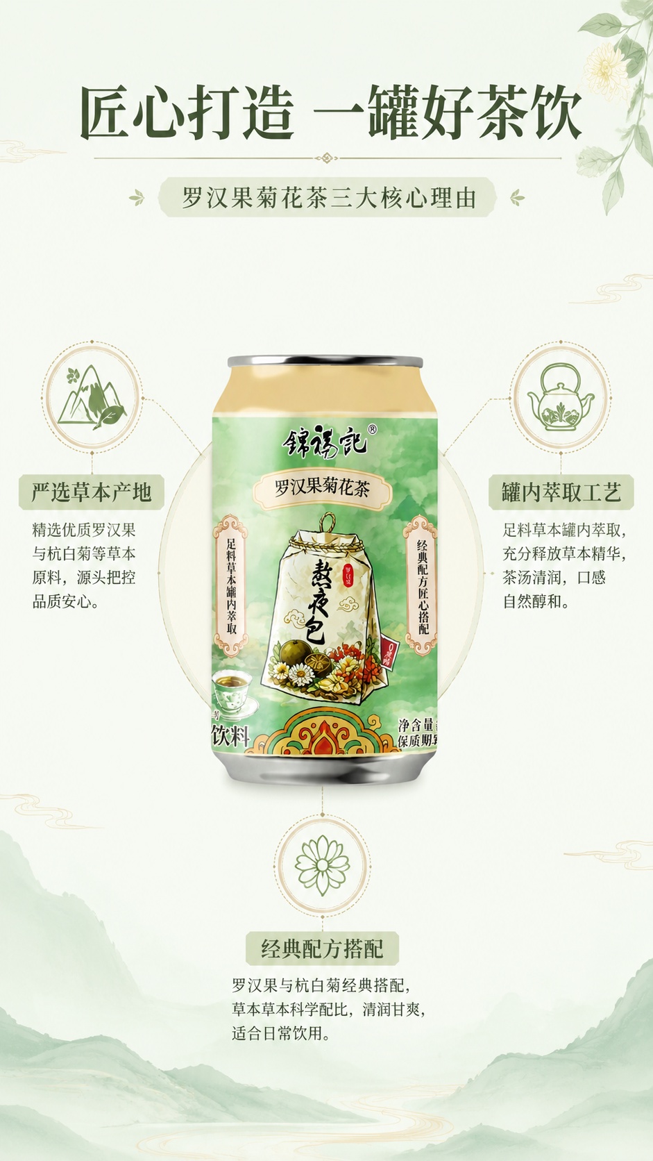 [第6屏] 卖点拆解屏，罗汉果菊花茶三大核心理由展示。本屏使用… - 图片创意预览
