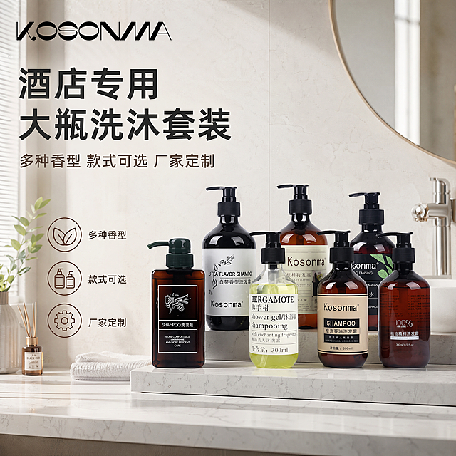 [单张主图] 酒店大瓶洗沐套装，高级氛围感主图，卖点为多种香型款式可选支持厂家定制。
[画面主体] 多款不同香型的洗沐瓶整齐陈列，产品居中摆放，商品主体占比严格控制在60%左右，保持所有产品外观物理结构、泵头、瓶身颜色、标签文字、品牌Logo Kosonma与输入图片一致，杜绝任何变形和色差，精细化处理每个瓶身细节。
[构图版式] 采用真实使用场景型版式，产品放在右侧区域，左侧自然留白放置文字，底部3-4个轻图标展示核心卖点。背景为现代简约酒店浴室场景，浅灰色瓷砖墙面，大理石台面，干净整洁，产品放置在浴室台面上，环境自然不抢主体。
[场景元素] 背景为整洁明亮的酒店浴室，浅米色墙面搭配白色五金挂件，台面有少量香薰和绿植点缀，整体干净通透，符合酒店浴室干净舒适的氛围。
[文案版式] 左上留白区域：主标题"酒店专用大瓶洗沐套装"，字体大号粗体；副标题"多种香型 款式可选 厂家定制"，字号缩小，主标题下方左对齐；底部放置三个线框图标卖点：第一个图标对应"多种香型"，第二个对应"款式可选"，第三个对应"厂家定制"，每个图标搭配短文字说明，排列整齐。左上角安全区保留原品牌Logo Kosonma，字形颜色比例和原图保持一致。
[光影质感] 主光来自浴室侧窗自然光，柔和均匀明亮，辅光为墙面环境漫反射补光，瓶身有自然高光和轮廓投影，整体光影通透干净，突出产品洁净质感；景深适中，背景轻微虚化，突出产品主体；商业摄影质感，画面清晰真实，高级干净。
[配色字体] 主色调为浅米白和浅灰色，辅助色提取瓶身深棕和黑色，强调色为浅木色，整体配色干净通透，符合卫浴产品洁净风格；字体采用轻无衬线，主标题字重稍大，辅助文字字重较轻，层级分明。
[比例分辨率] 1:1 比例，4K分辨率，文字清晰可辨，超高清画质。
[负向提示词] 变形，水印，文字错乱，产品图模糊，背景杂乱，Logo变形，文字遮挡主体，色差，结构错误