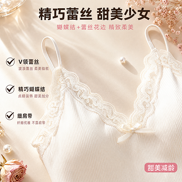 [主图-2 设计细节] 蕾丝吊带背心细节展示，1:1正方形，淘宝天猫女装甜美风格。
[氛围风格] 甜美精致高级感，米杏色暖调背景，干净通透，商业服装摄影质感。
[画质] 商业服装摄影质感、光线柔和通透、服装细节清晰、蕾丝纹理丰富、画面干净高级。
[元素] 画面中央：奶白色蕾丝吊带背心局部特写，重点展示V领蕾丝花边细节和精巧蝴蝶结装饰。蕾丝花边纹理细腻，呈波浪形V领设计，花边精致柔美。蝴蝶结小巧精致，位于领口中心。细肩带纤细优雅。面料为螺纹针织质感，细腻柔软。背景为纯净的米杏色渐变背景，有柔和的光影效果。旁边散落着几朵小干花和珍珠装饰，营造甜美少女氛围。**保持背心款式（V领蕾丝花边、细肩带、螺纹面料）与参考图一致，蕾丝细节精致，杜绝任何变形，精细化处理**。服装主体占画面约50%，画面满屏无边框。
[光影] 柔和侧光从左上方45度打下，蕾丝花边有细腻光泽和立体感，面料纹理清晰，整体暖调通透高级，暗部有层次。
[配色] 主色米杏色（背景）；辅色奶白色（服装）、粉色（点缀）、珍珠白（装饰）。整套色板：米杏主背景 + 奶白主色 + 粉色辅助 + 深棕强调。
[视角构图] 45度俯视特写，领口蕾丝和蝴蝶结为视觉中心；前中后景分层、景深中等，细节突出。
[文字版式] 顶部居中。主标题"精巧蕾丝 甜美少女"，深棕色粗黑体，大号醒目；下方辅助文案"蝴蝶结+蕾丝花边 精致柔美"，粉色细黑体，约一半高度。左侧用三个对勾式图标竖排展示设计特点：1. 「V领蕾丝」配对勾图标+"波浪蕾丝 柔美精致" 2.「精巧蝴蝶结」配对勾图标+"点睛装饰 甜美加分" 3.「细肩带」配对勾图标+"纤细优雅 不露肩带"。右下角有一个粉色小标签："甜美减龄"，粉底白字圆角矩形。所有文字清晰可读，不遮挡主体核心区域。
[输出要求] 1:1比例，文字清晰锐利可辨，超高清商业服装摄影质感。
[负向提示词] 变形，文字错乱，产品图模糊，背景杂乱，水印，电商平台Logo，多余的手，畸形手，人物面部扭曲。