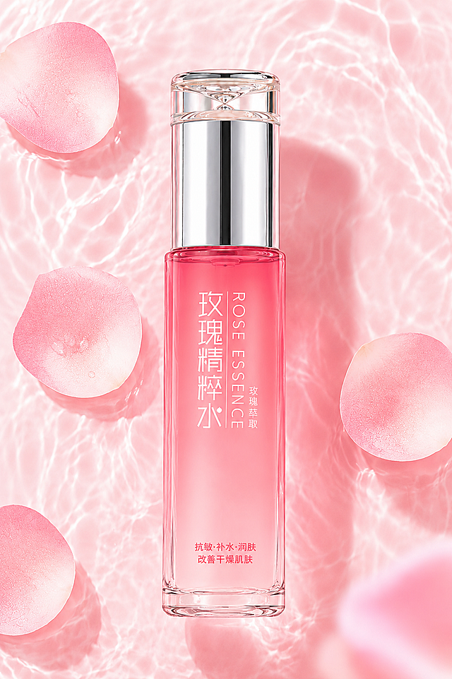 调整图像角度，让玫瑰精粹水瓶子垂直摆放，保持当前粉色水波纹花瓣背景和整体美妆摄影风格不变，保留瓶子所有文字信息