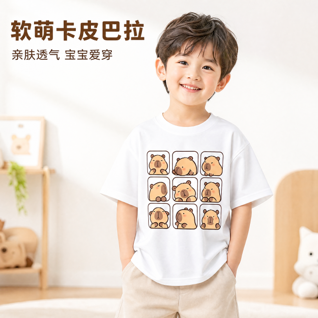 [主图-1] 儿童白色T恤正面穿搭展示首图，T恤上印有卡皮巴拉水豚表情包印花，采用用户提供的表情包图案。[氛围风格] 童趣天真可爱风格，抖音兴趣电商场景化氛围。[画质] 商业儿童摄影质感，光线柔和通透预览效果